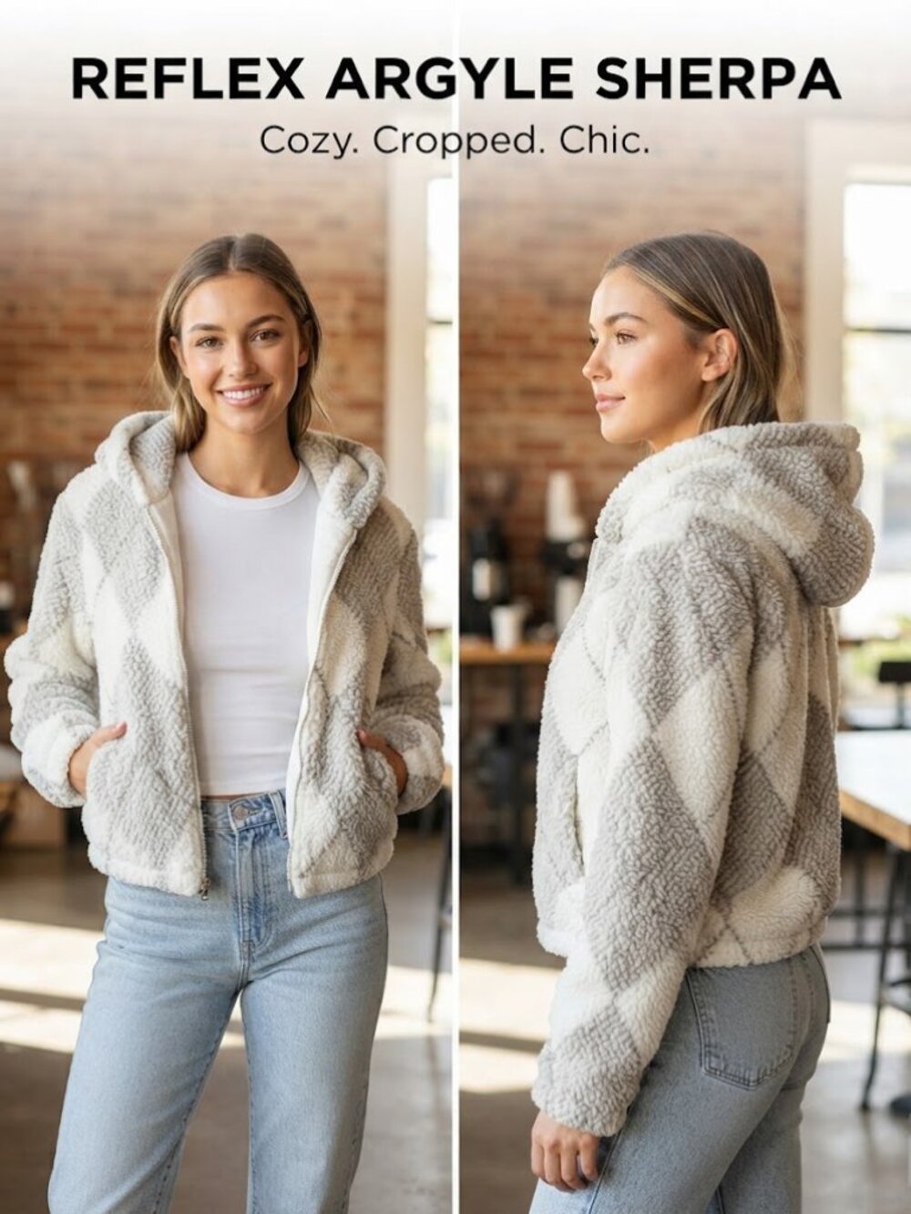 Reflex Argyle Sherpa Fleece Full Zip Cropped Hooded Jacket White Grey Size Large